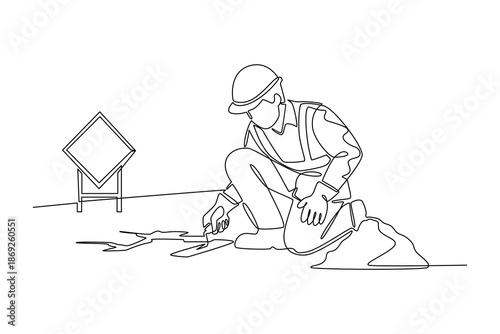 A worker repairing damaged pavement. Construction street dan building concept. Single line draw design. Vector graphic illustration