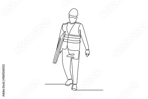 A worker transporting metal beams. Construction street dan building concept. Single line draw design. Vector graphic illustration