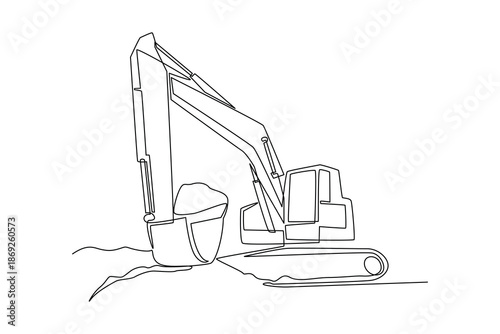 An excavator digging foundation soil. Construction street dan building concept. Single line draw design. Vector graphic illustration