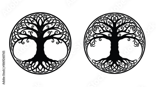 Intricate tree of life designs in circular frames a striking silhouette