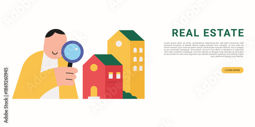 Real estate investment. Flat modern illustration of a man using magnifying glass to analyze houses and buildings, representing real estate search, property analysis, investment decision, and market re