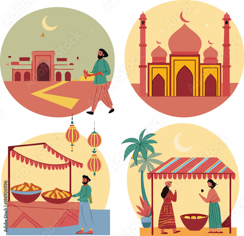 Ramadan and islamic cultural illustrations with mosque market people