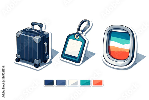 Travel icons: suitcase, luggage tag, and airplane window