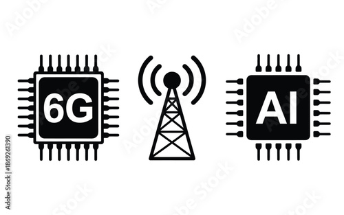 a graphical representation of AI and 6G technology with a central communication tower icon, illustrating wireless networks, high speed connectivity, smart communication, and modern digital technology 