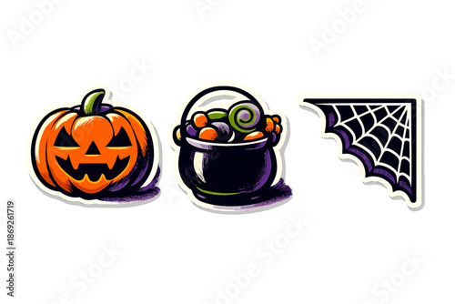 Halloween icons: pumpkin, cauldron, and spiderweb