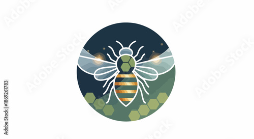 Stylized Bee Illustration with Geometric Wings and Stripes.