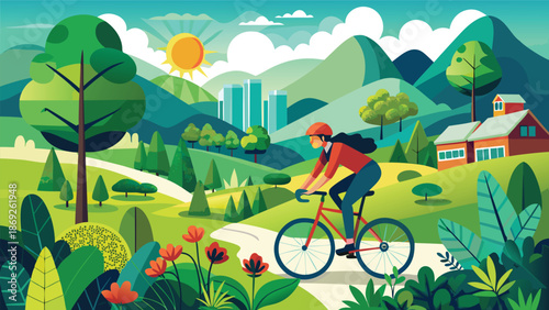 A woman cycling along a forest path, surrounded by lush greenery and tall trees