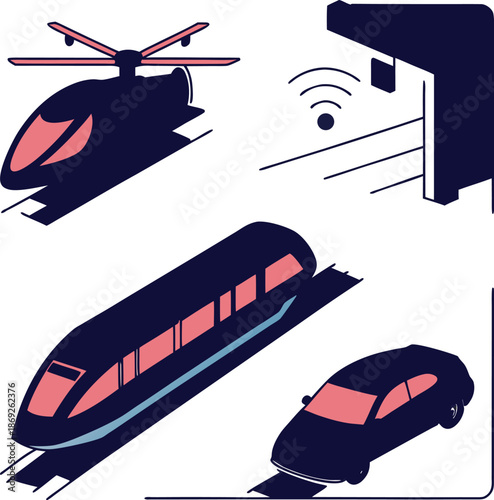 Smart autonomous transportation icons with train car drone helicopter