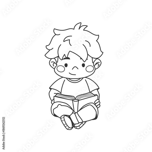 Coloring page with schoolboy reading a book. Black outline child sitting and studying a textbook. Cute student character coloring. Back to school. Children's education.