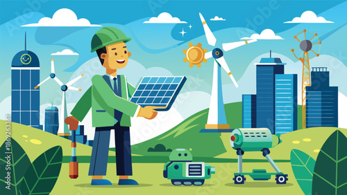 A man in a green suit holds a solar panel and a robot, showcasing a blend of technology and sustainability