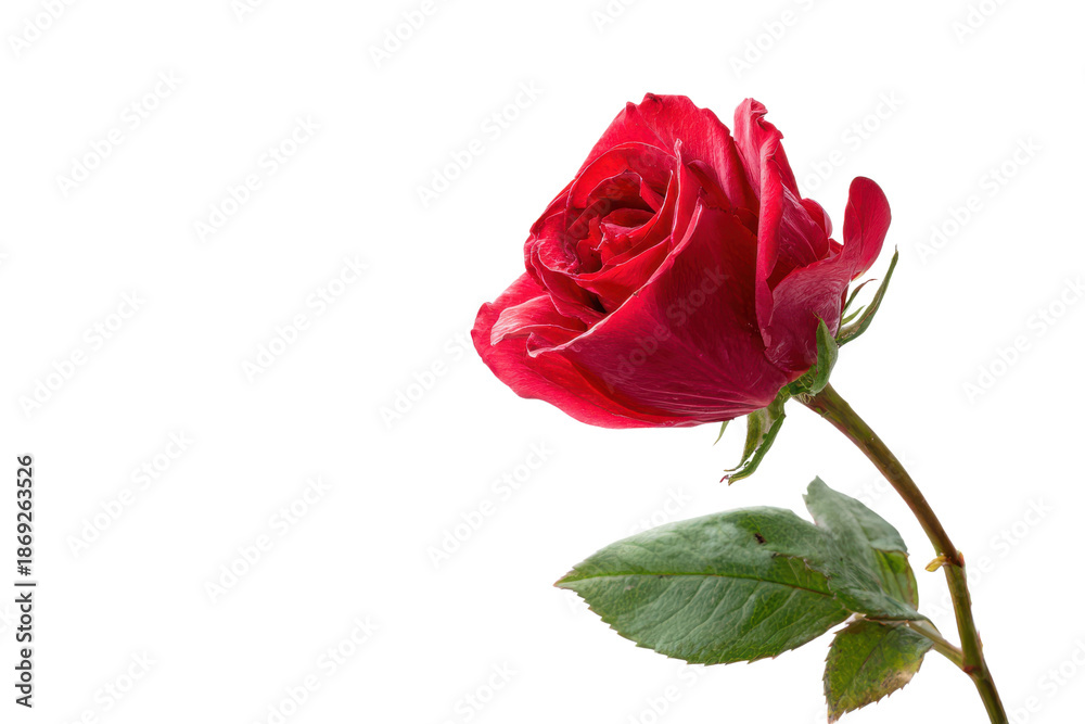 Naklejka premium Single Deep Red Rose Bud Partially Open With Green Leaves On Black Background flower bloom