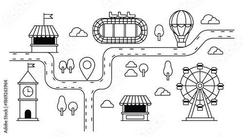 A colorful illustration of an amusement park with various attractions and roads