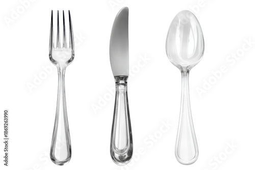 Panel kuchenny z motywem Three Stainless Steel Fork Knife and Spoon Isolated on Black Background cutlery