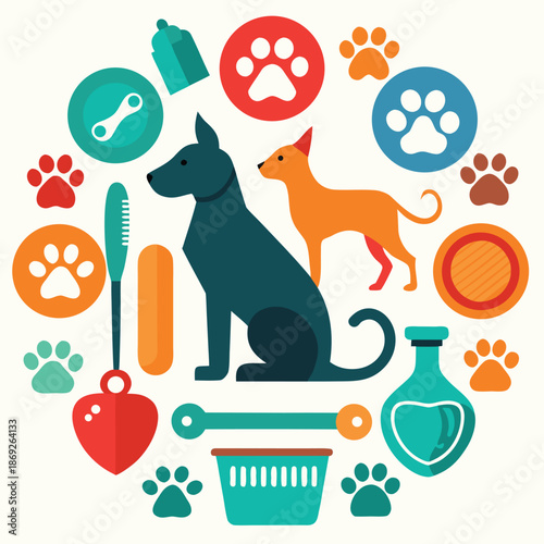 Pet care icons set with dog cat food toys and accessories