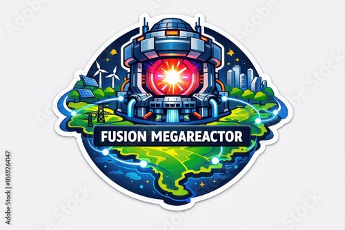 Dynamic depiction of fusion megareactor symbolizing advanced energy solutions integrating sustainable technology and urban development with vibrant renewable energy sources
