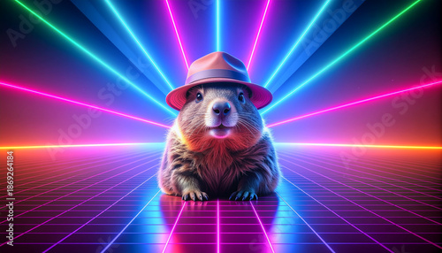 Groundhog Day Neon Retro Illustration with Stylish Groundhog in Synth wave Scene