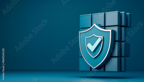 3D firewall security concept with shield and check mark, verified cyber protection on blue background with copy space