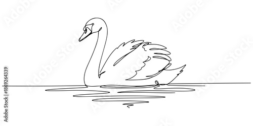 Continuous one line of a swan floating gracefully on the water, world of animals and wildlife, drawn vector illustration.
