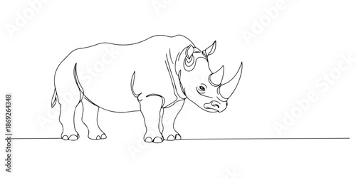 Continuous one line of a rhinoceros standing upright, world of animals and wildlife, drawn vector illustration.
