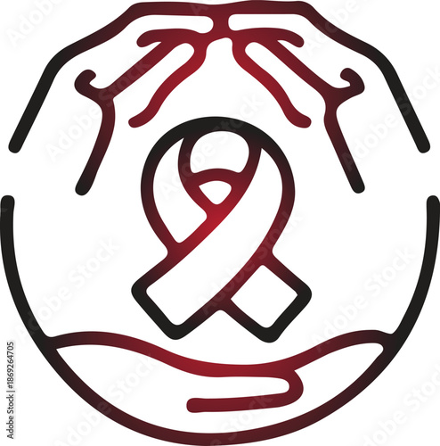 A detailed illustration of cupped hands gently holding a red ribbon symbolizing support and awareness on transparent background high-quality professional