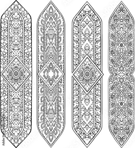 Seamless Thai floral pattern vector background. Vintage Asian art style wallpaper or fabric textile design in black and white.