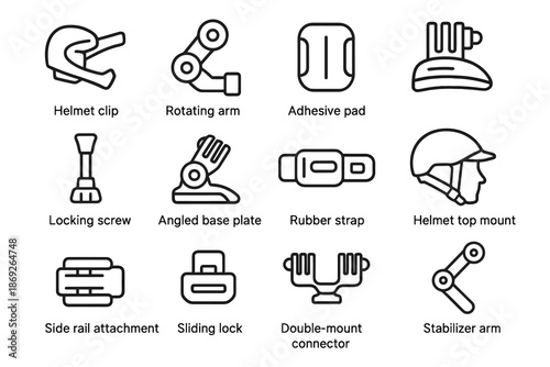 Lock clip bracket arm plate mechanism mount accessory vector sliding icons helmet