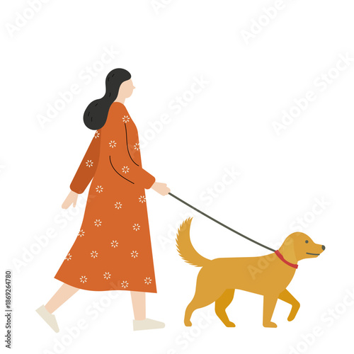 愛犬と晴れやかに散歩する若い女性の全身イラストとペットとの日常背景