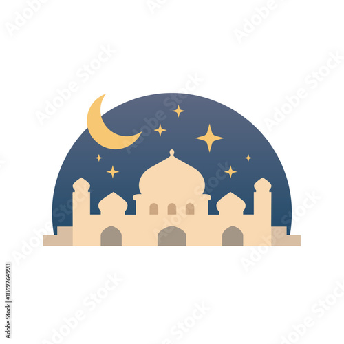 Mosque Illustration at Night – Flat Islamic Building
