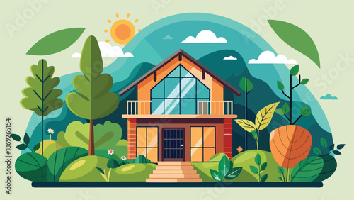 A quaint house situated in a forest, surrounded by towering trees and rich vegetation