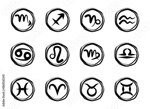 Hand Drawn Brush Style Zodiac Signs Set for Astrology Horoscopes and Mystical Branding Featuring Twelve Celestial Symbols in Circular Frames for Spiritual Social Media Content