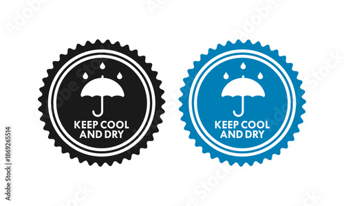 Product handling instructions featuring umbrella and sun symbols, indicating the need for storage in shadow, cool, and dry environments to maintain quality.