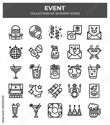 Collection of 25 Event Icons. Party. Celebration. and Holiday Vector Line Icons