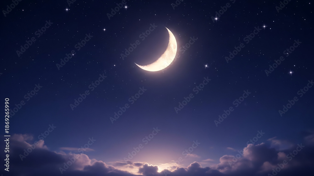 Fototapeta premium Dreamy indigo night sky with glowing crescent moon and stars for Ramadan copy space