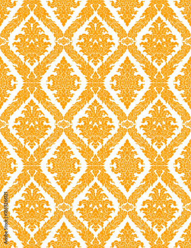 Seamless Thai floral pattern vector background. Vintage Asian art style wallpaper or fabric textile design in black and white.
