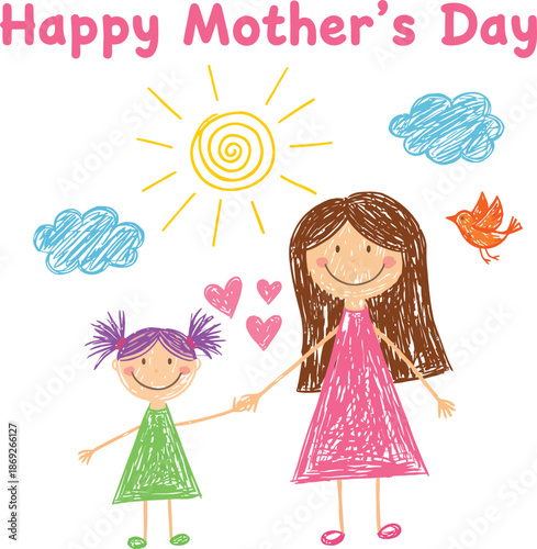 Happy mothers day drawing of mother and daughter with sun and clouds