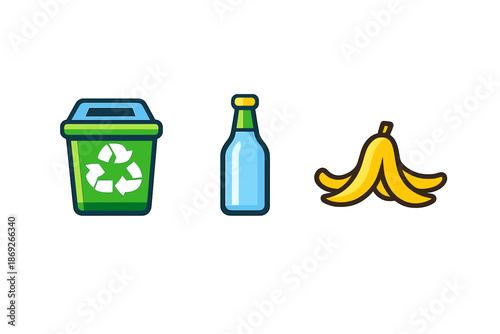 Recycling bin, bottle, and banana peel icons on a gradient background