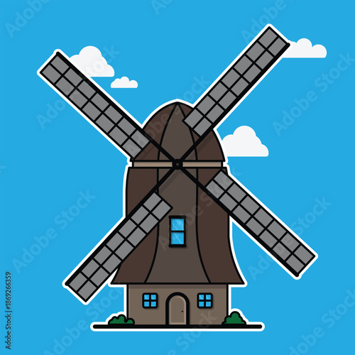 Flat cartoon illustration of windmill building icon on blue background