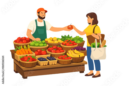 Friendly farmer selling fresh produce to a customer at a market stall.