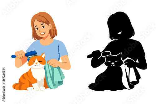 Woman brushing an orange and white cat