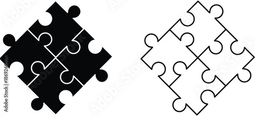 creative puzzle logo design featuring black and white pieces with unique shapes and interlocking pattern, a top ranked minimalist branding concept for business identity, teamwork symbolism, and modern