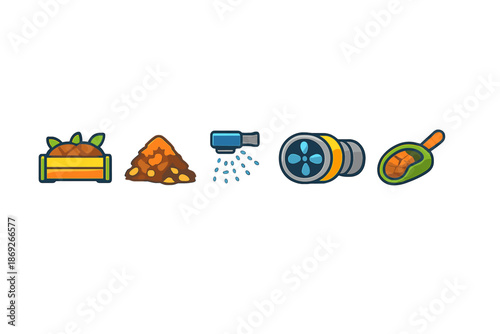 Farming icons: crops, seeds, watering, and harvesting tools