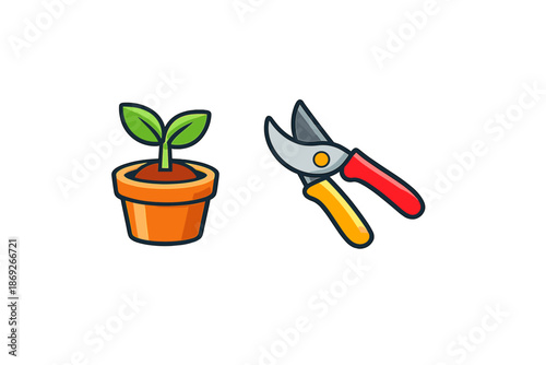 Gardening concept: Potted plant and pruning shears