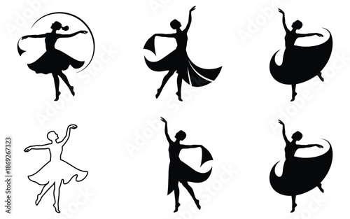 stress relief dance logos, set of logos illustrating dance for relaxation, stress management, flowing ribbon elements, mindfulness, well-being, movement, and creative vector design for wellness.