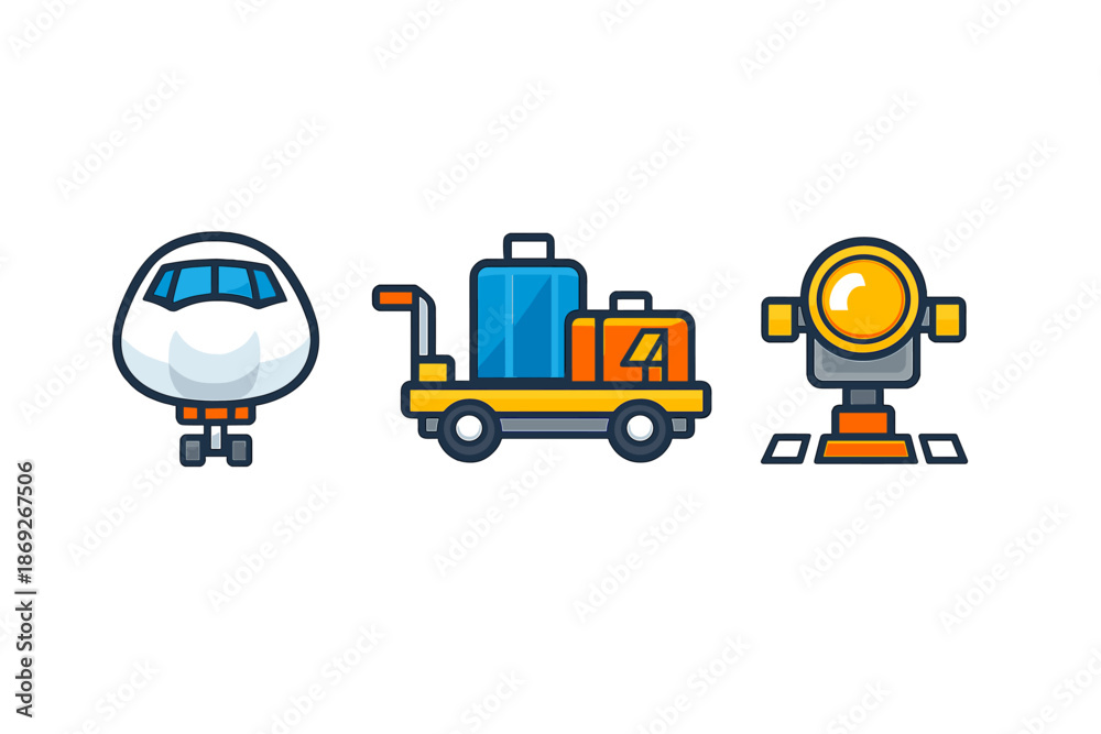 Naklejka premium Airport icons featuring airplane, luggage cart, and spotlight
