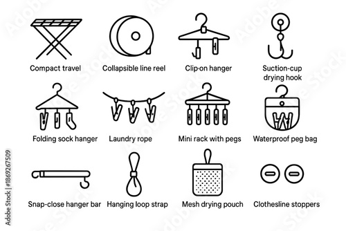 Vector sock rack gear stoppers compact reel hanger drying clips icon strap