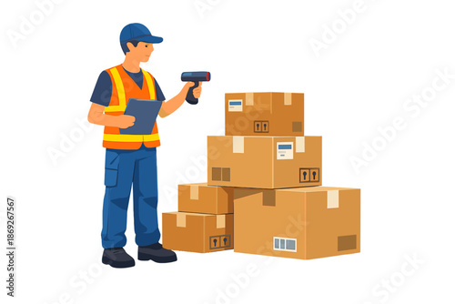 Warehouse worker scanning packages with barcode scanner