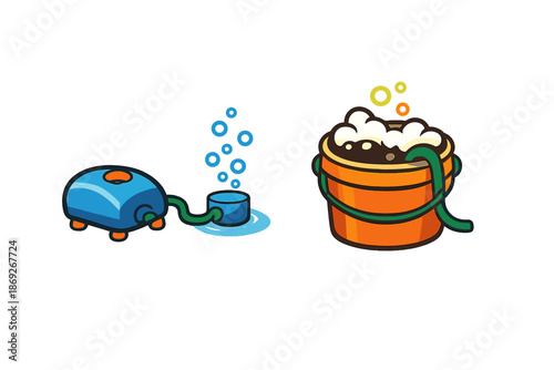 Animated cartoon aquarium pump and bubbling bucket