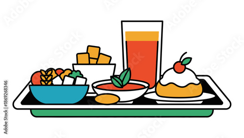 A cartoon illustration of a tray with a variety of food and drink