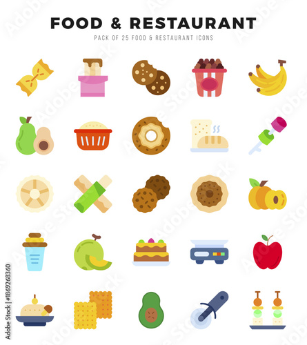 Vector Food and Restaurant types icon set in Flat style. vector illustration.