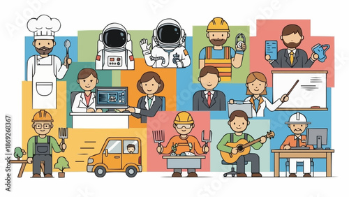 Diverse group of professionals in various occupations and roles.